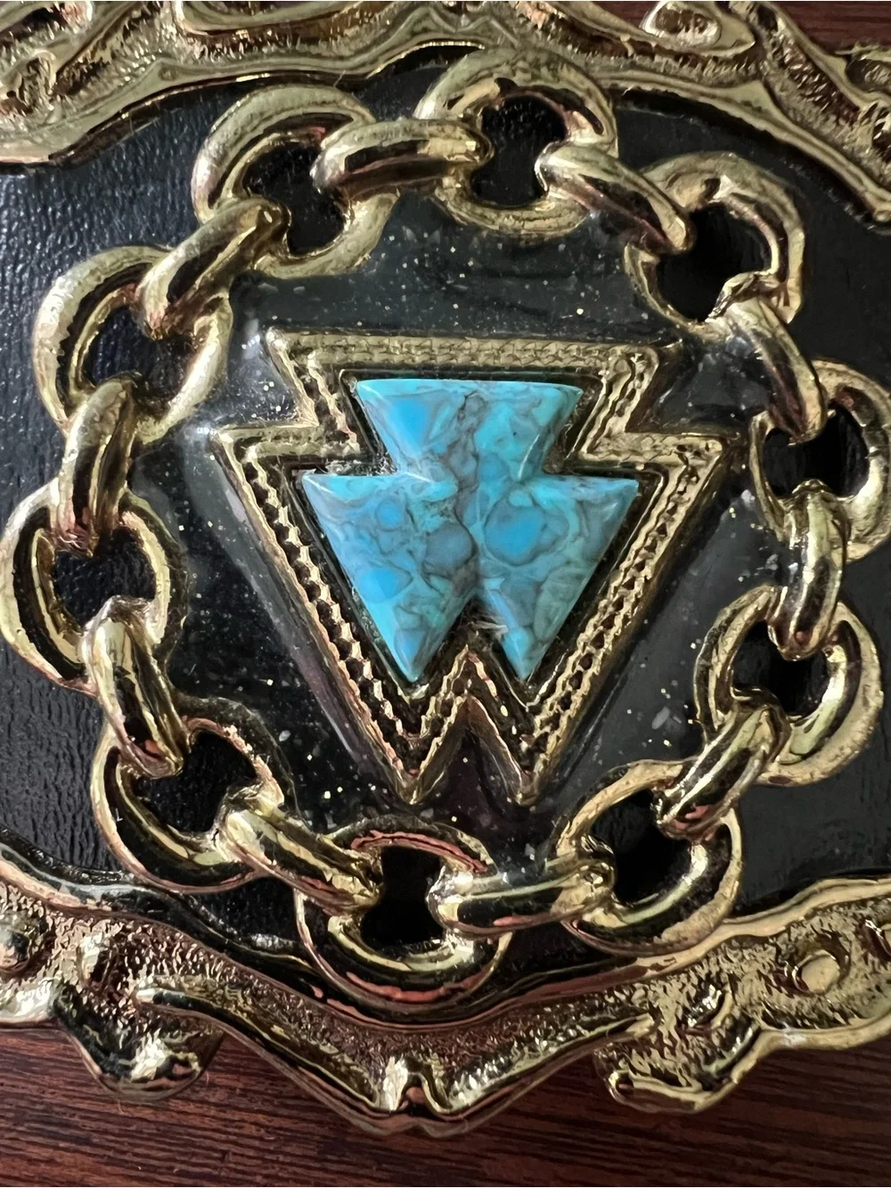 Vintage Southwestern Turquoise Inlay Belt Buckle Gold Tone - Western USA